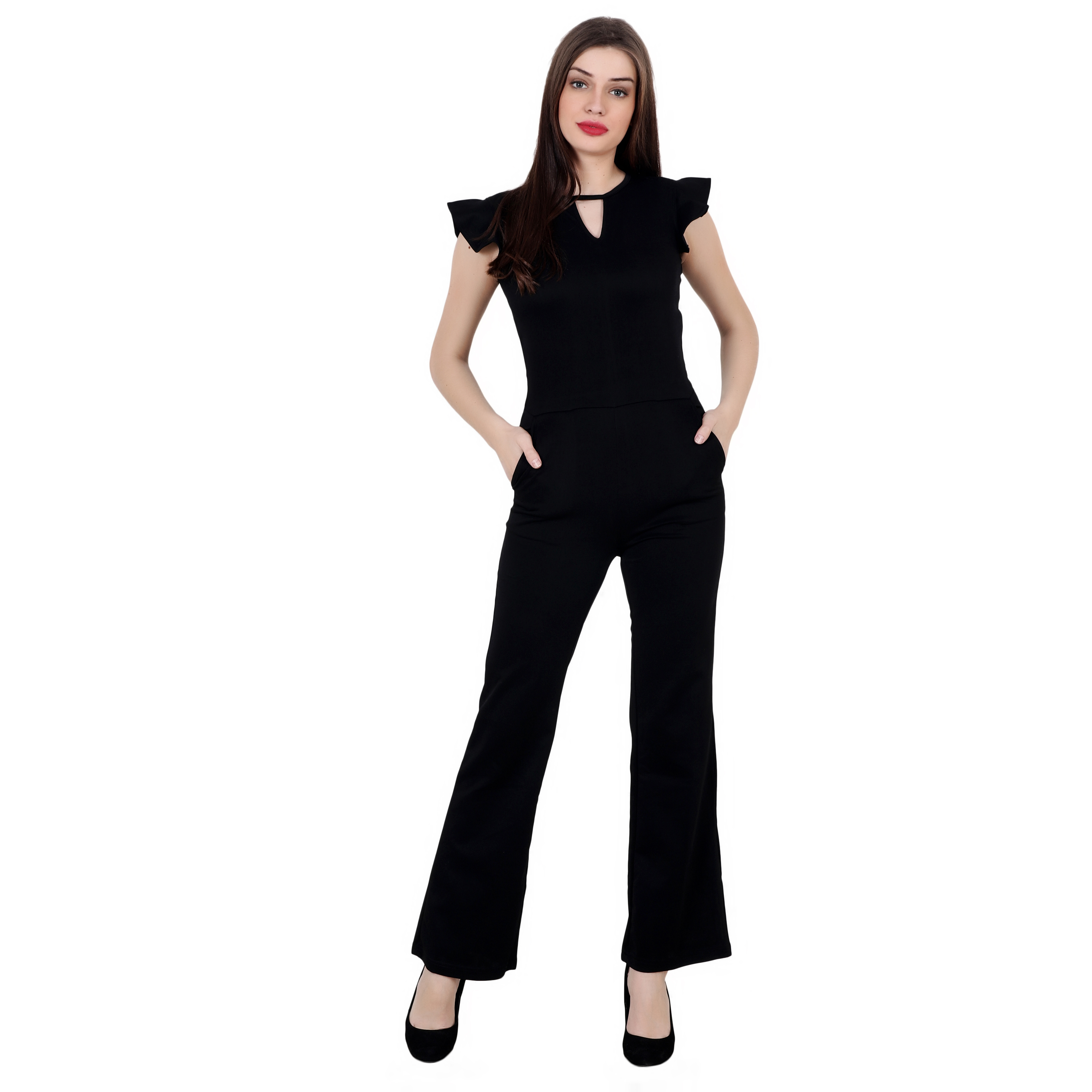 BLACK V-CUT RUFFLE SLEEVE JUMPSUIT